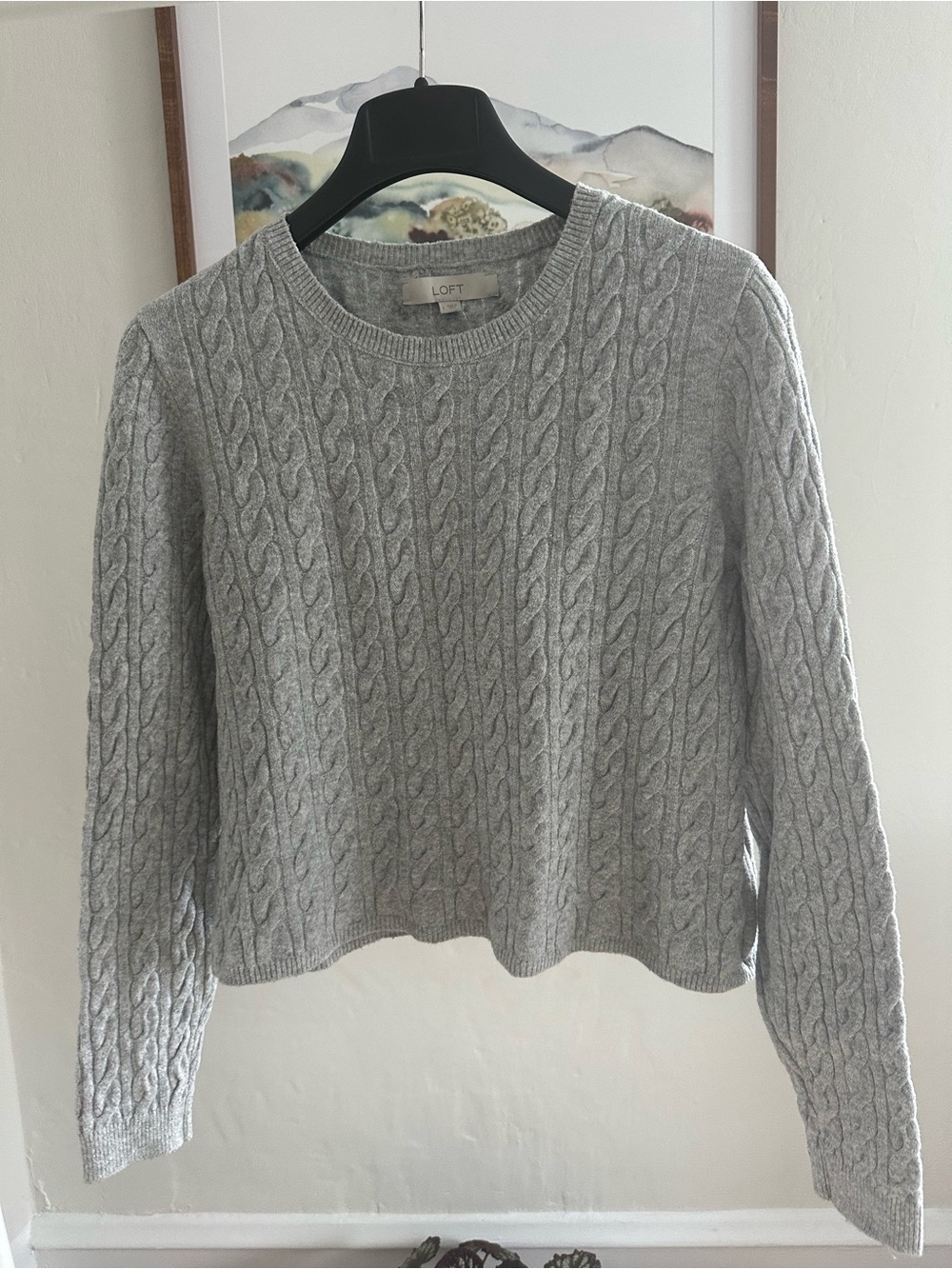 LOFT Grey Cable Knit Crewneck Sweater